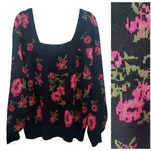Cato Knit Sweater Womens Plus 22/24W Square Neck Black Pink Floral Long Sleeve